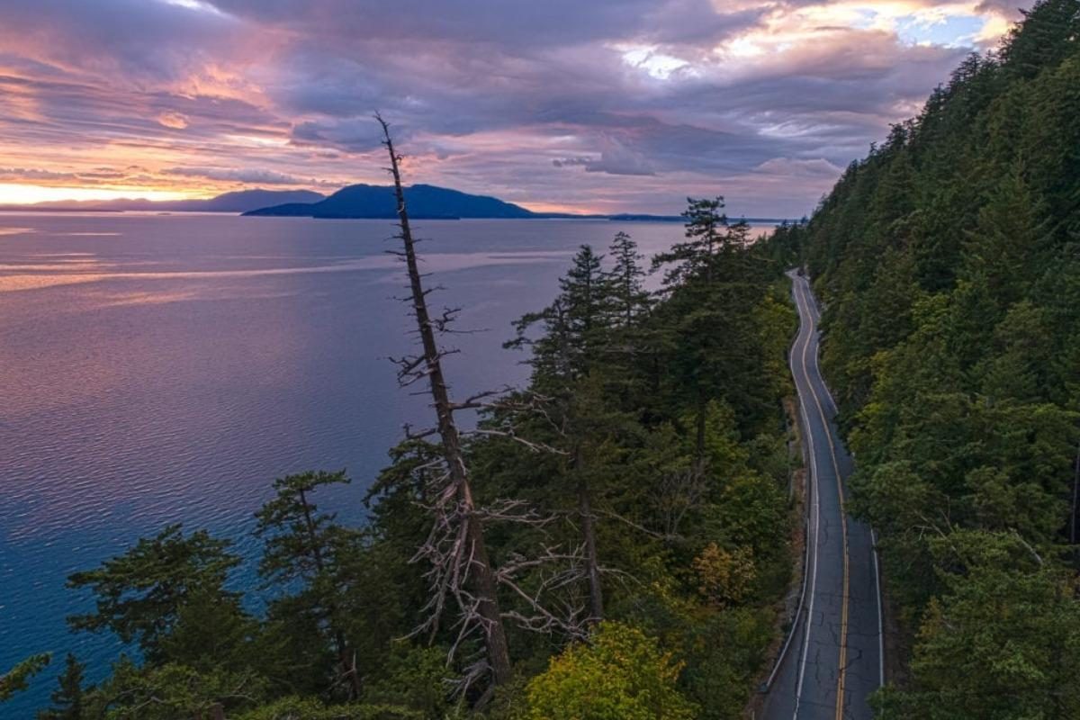 Chuckanut Drive winding along the coast at dusk