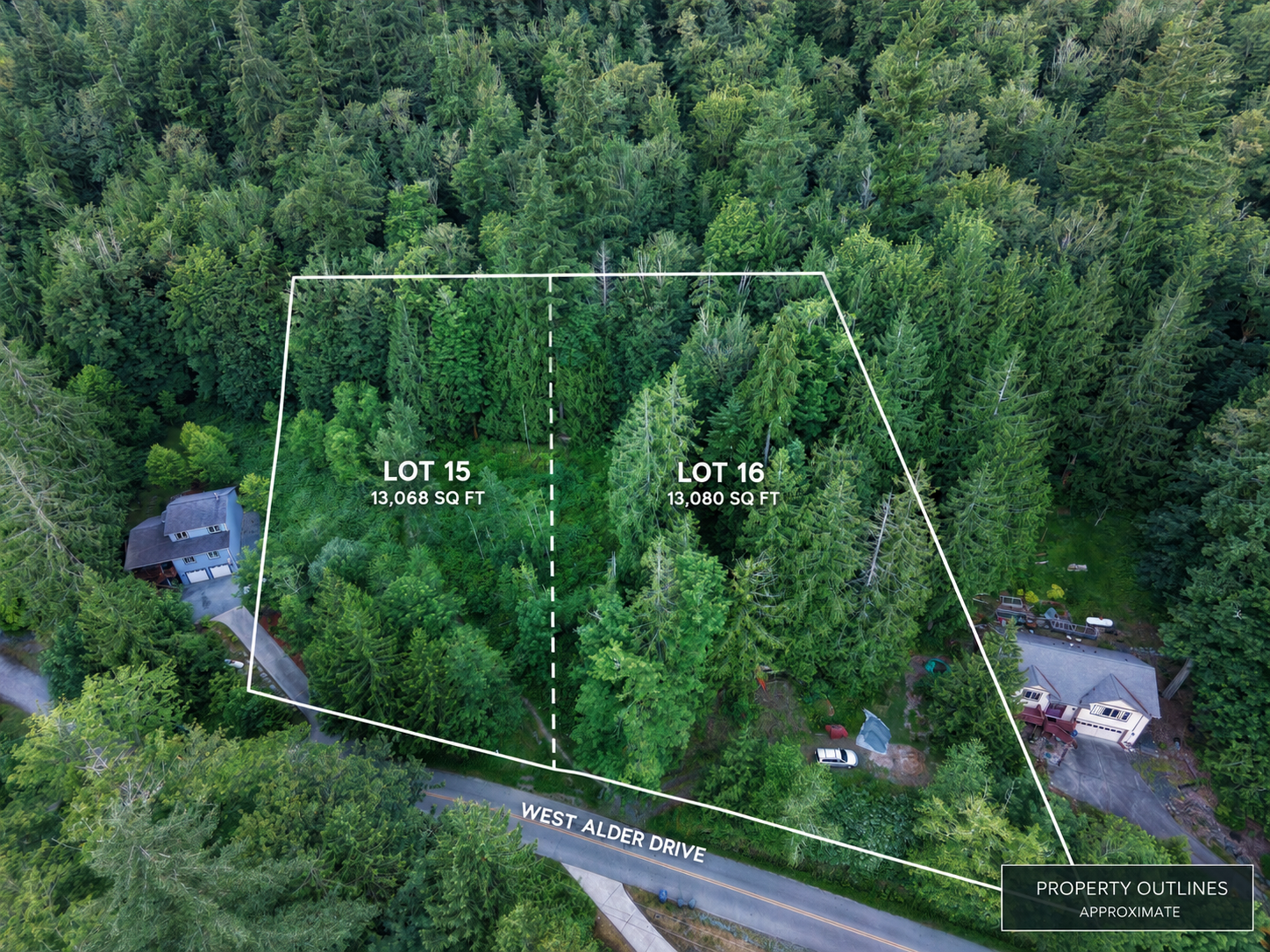 Annotated aerial survey showing the boundary of Lot 15 (13,068 sq ft) and Lot 16 (13,080 sq ft) along West Alder Drive
