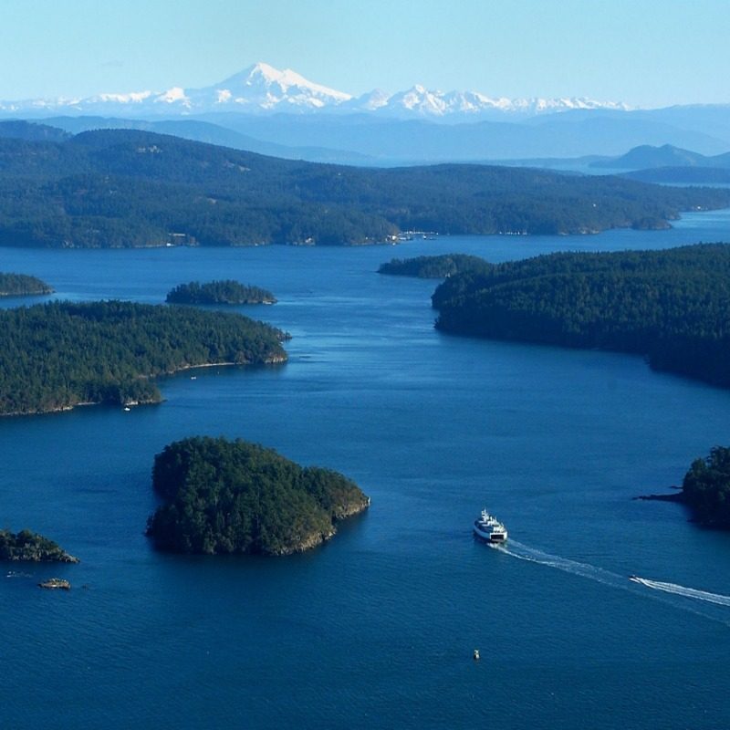 Aerial view of the San Juan Islands with a ferry